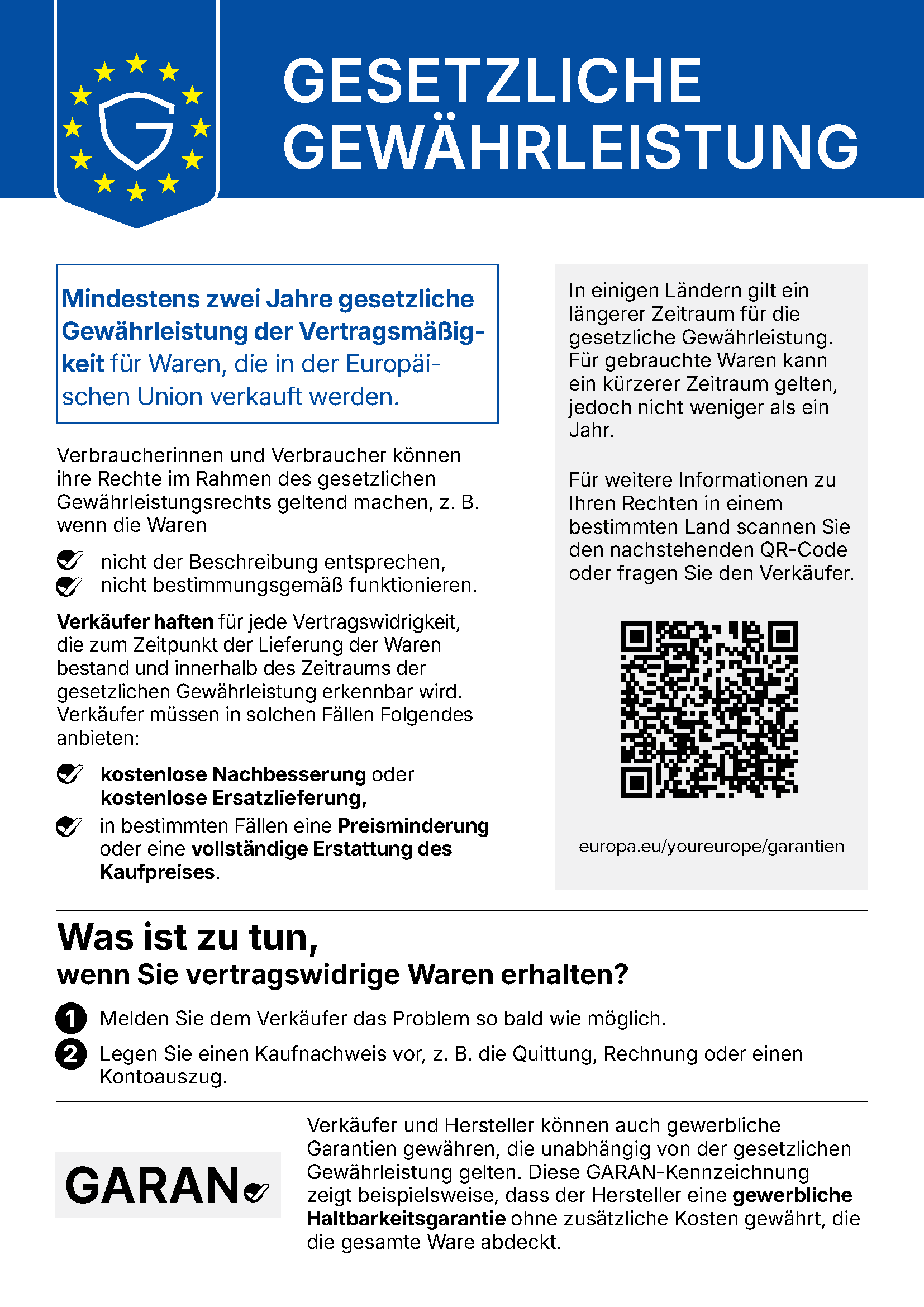 EU-Gewährleistungslabel: Mindestens zwei Jahre gesetzliche Gewährleistung für Waren, die in der Europäischen Union verkauft werden